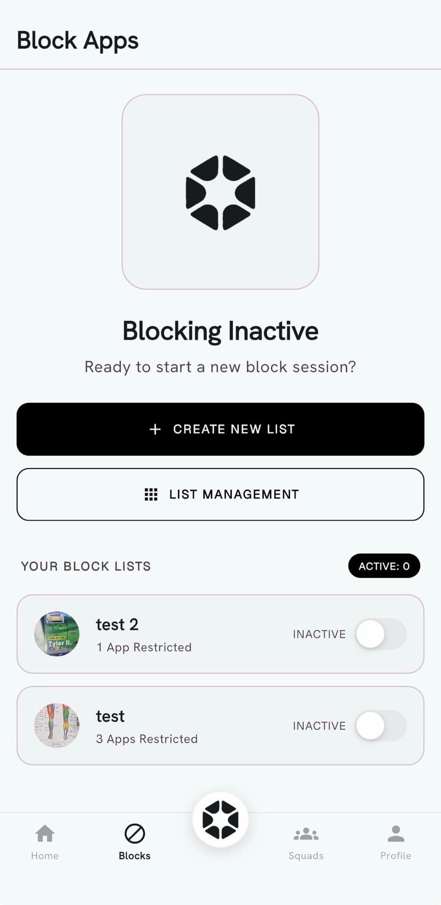 Touchstone Block Apps screen with saved block lists ready to activate