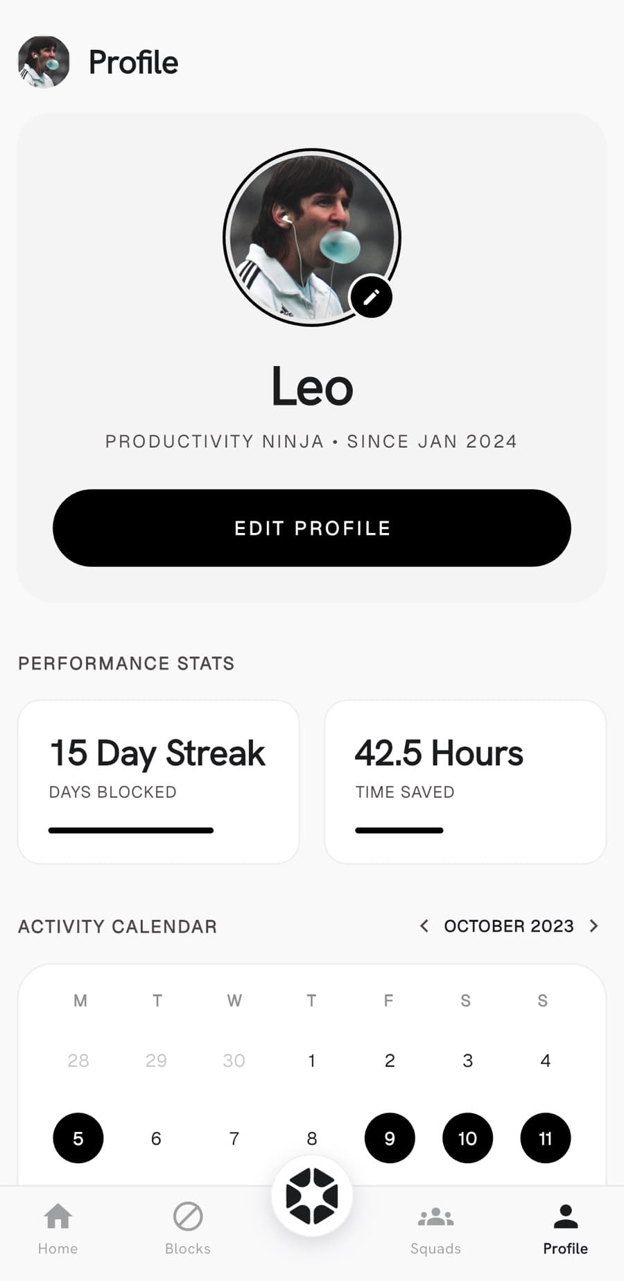 Touchstone profile showing a 15 day streak, hours saved, and an activity calendar